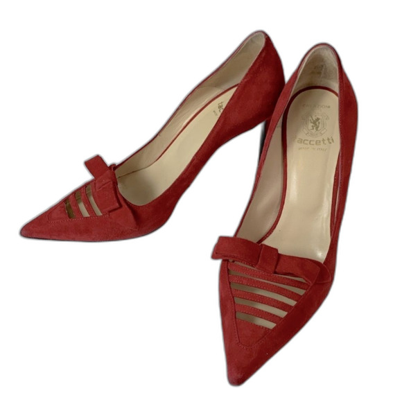 Creazione Taccetti Italian Red Suede Bow Detail Pointed Toe Heels Size 38.5/8US - Picture 2 of 15